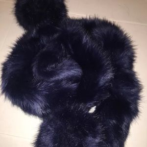 Fur Scarf With 2 Matching Cuffs, Navy Blue Set